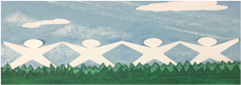 Painting of 4 stick people holding hands on top of green grass fields and blue cloudy skies