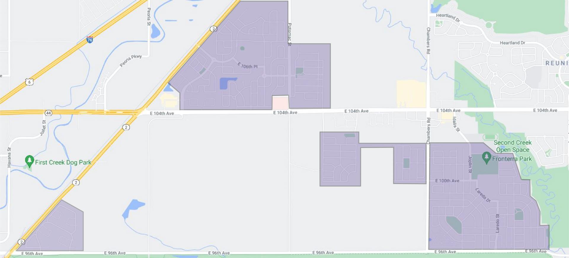 Map: Subdivisions including Eagle Creek, Foxton Village, Fronterra Village, Harvest Meadows, North Range Village, Potomac Farms, Turnberry