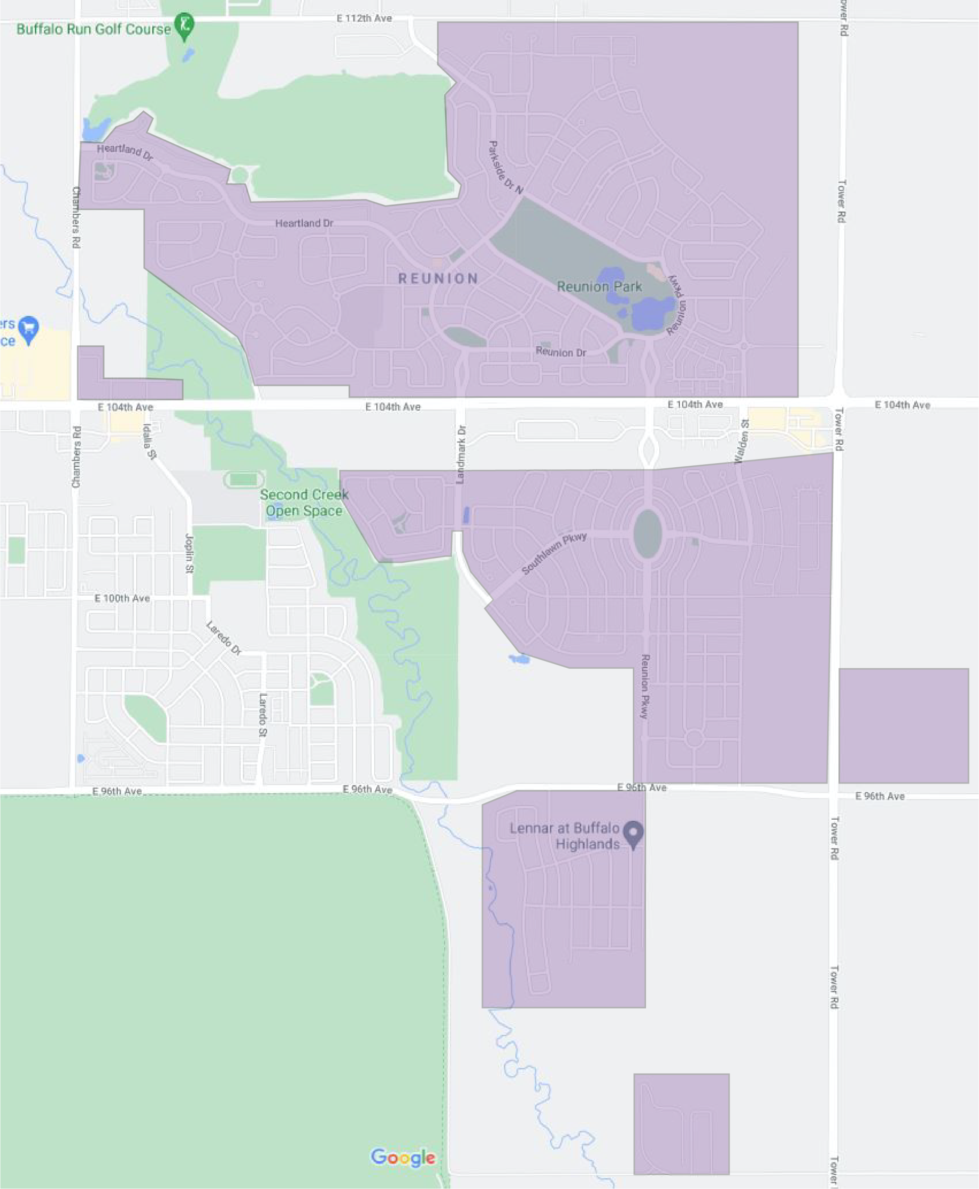 Map: Subdivisions including Buckley Ranch, Buffalo Highlands, Buffalo Mesa, Reunion, Second Creek Farms, Settler’s Crossing, Prairie Farms