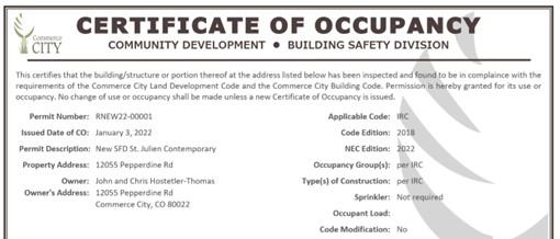 Certificate of Occupancy