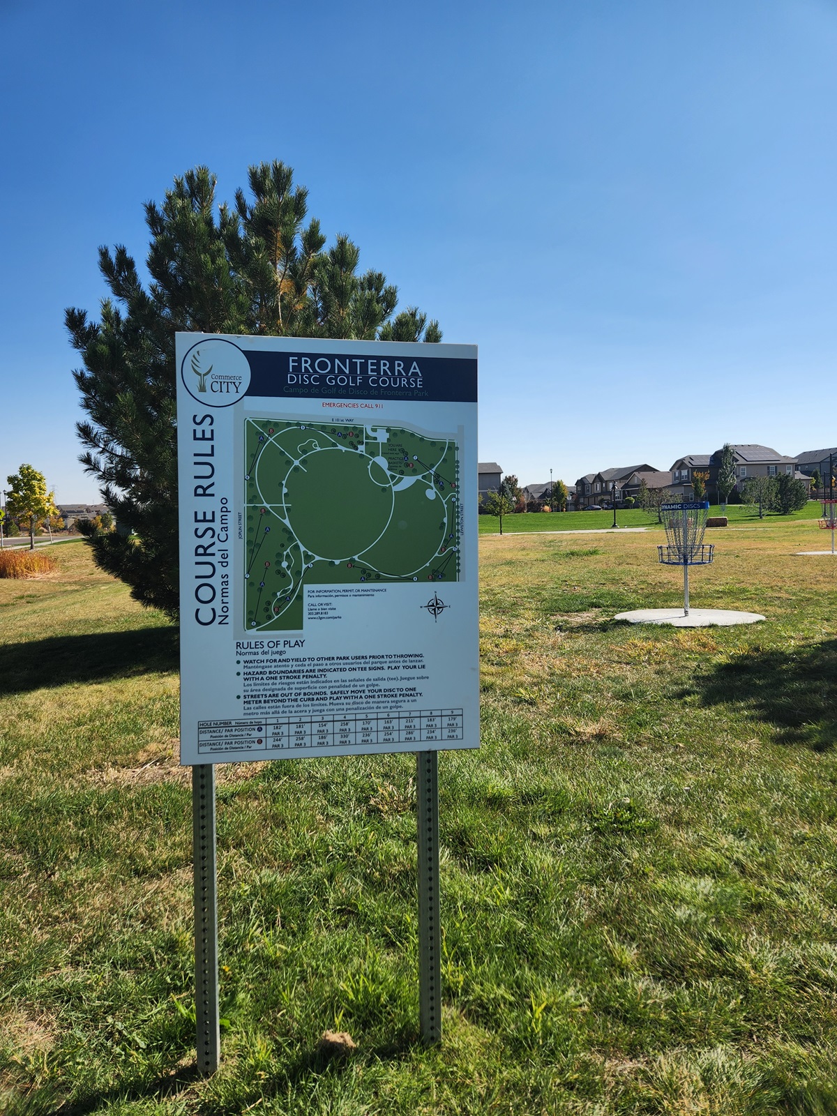 Fronterra Park Disc Golf - View of the map and a basket